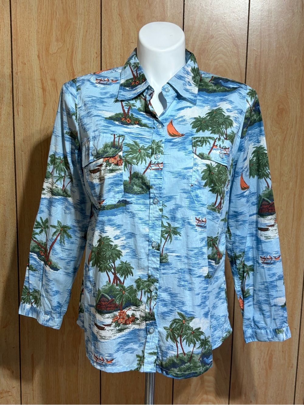 Roaman's Light Blue Tropical Print Button-Down Shirt SZ - 16W